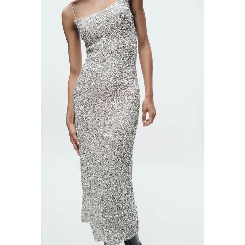 Robe de soirée pailletée argent